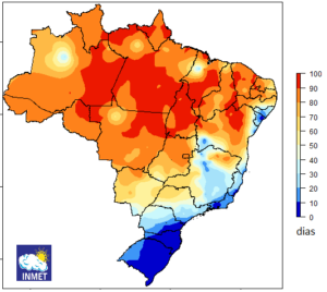 Número de dias (de zero a 100 dias) durante o inverno com temperaturas máximas acima de 30ºC. Fonte: INMET.