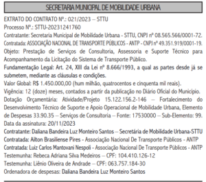 Publicação no DOM sobre contratação de consultoria em transporte. Foto: Reprodução.