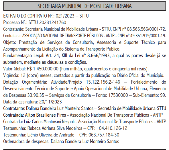 Publicação no DOM sobre contratação de consultoria em transporte. Foto: Reprodução.