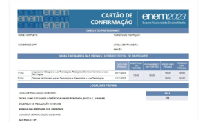 Exemplo de cartão de confirmação do Enem 2023. Foto: Reprodução.