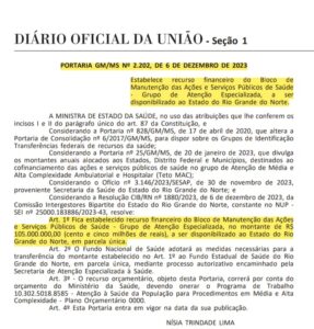 Publicação no Diário Oficial registrando destinação de investimento. Foto: Divulgação.