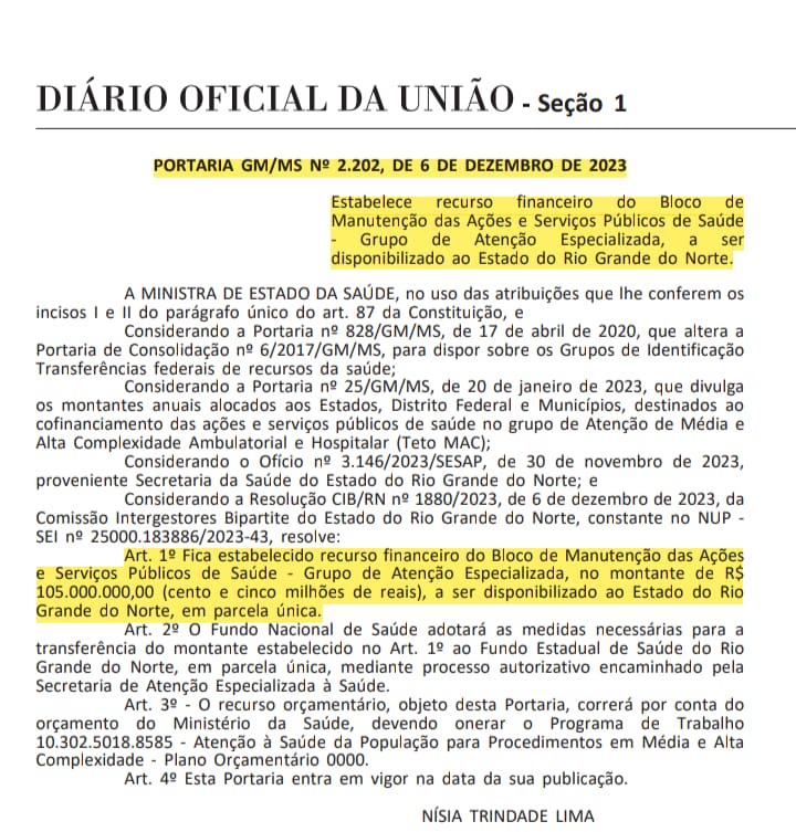 Publicação no Diário Oficial registrando destinação de investimento. Foto: Divulgação.