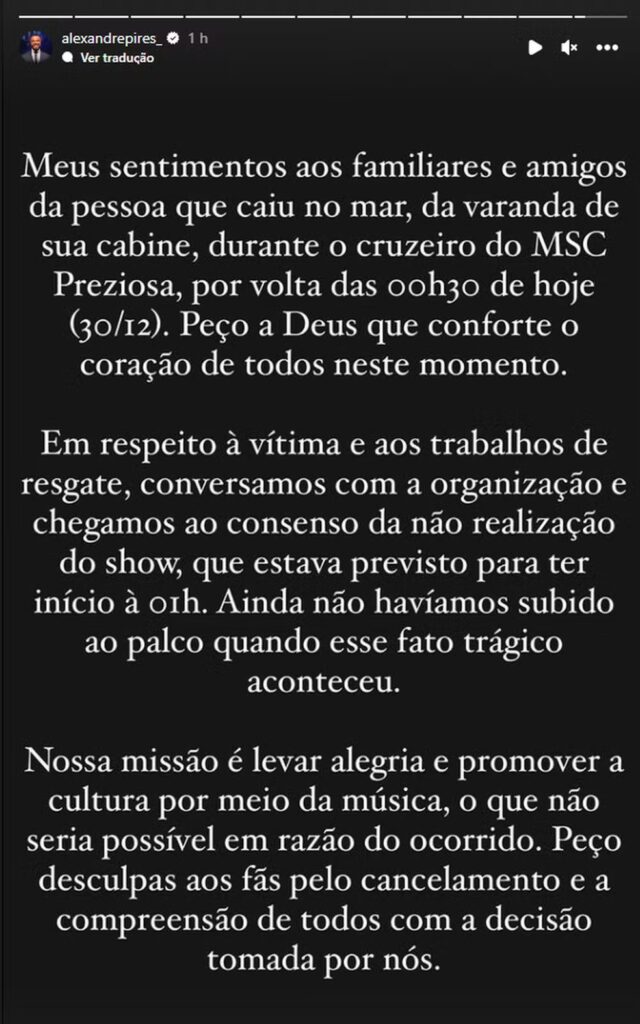 Perfil de Alexandre Pires publica no Instagram sobre acidente em navio — Foto: Reprodução/Instagram